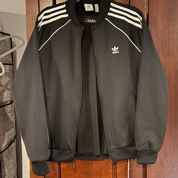 Adidas Black Bomber Jacket with White Stripes - Picture 1 of 2